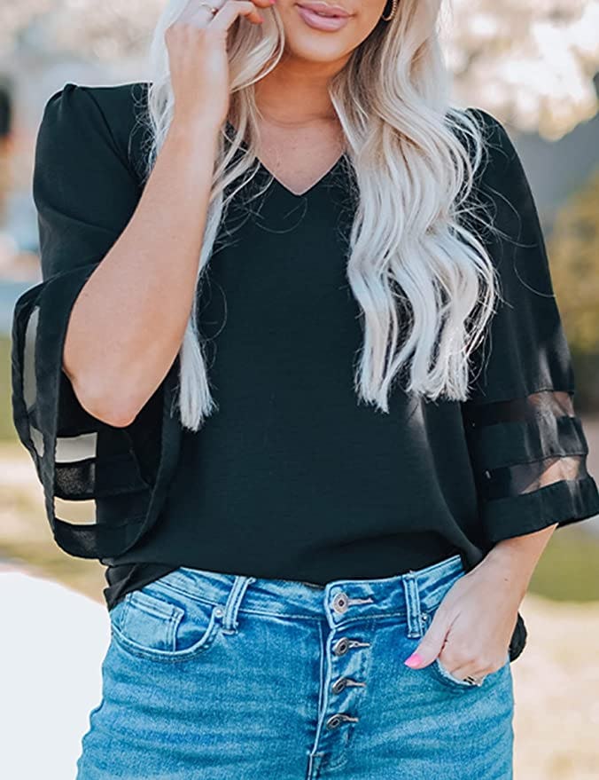 LookbookStore V Neck Mesh Bell Sleeve Panel Blouse
