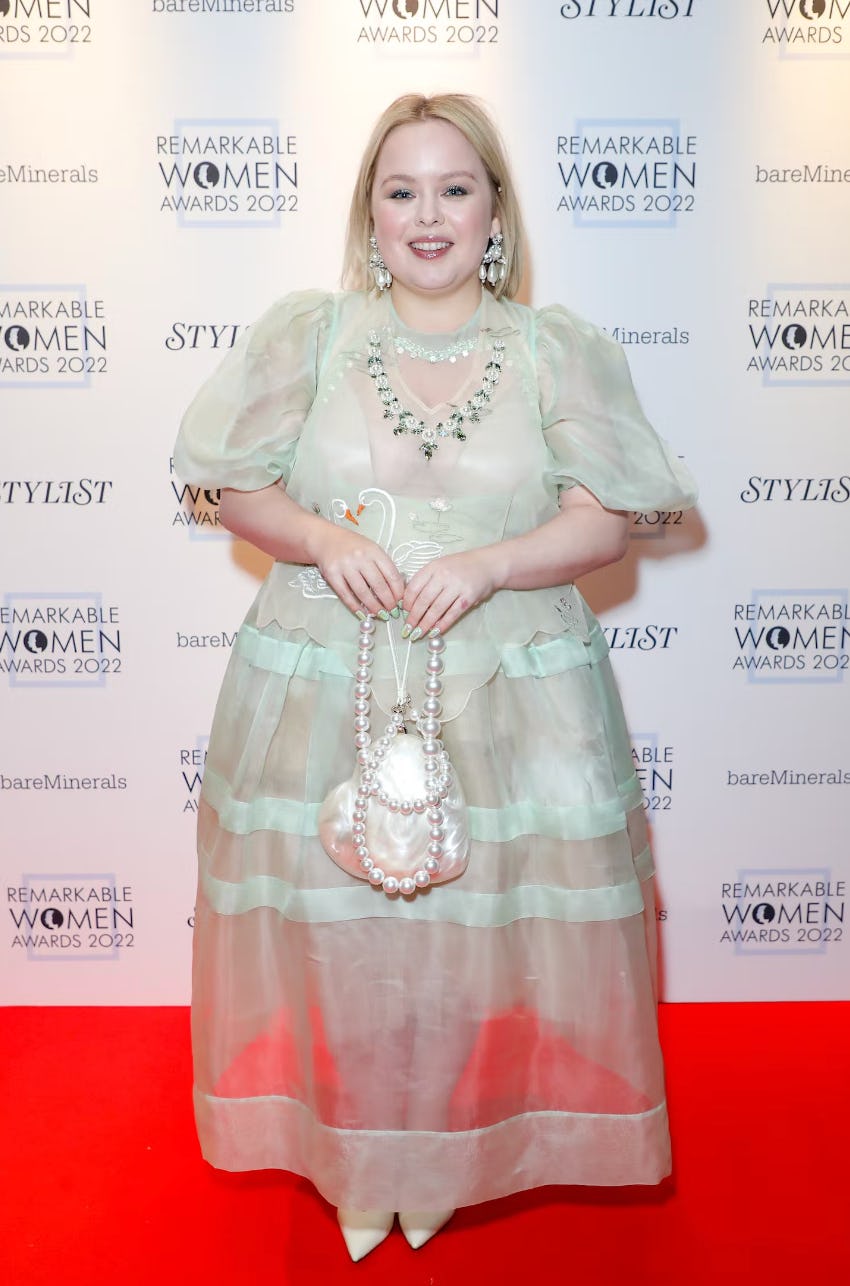 Penelope from Birdgerton, Nicola Mary Coughlan, in a white sheer dress