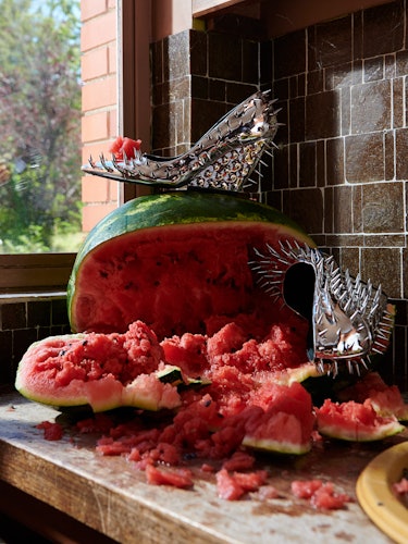 Spike shoes on top of watermelon.