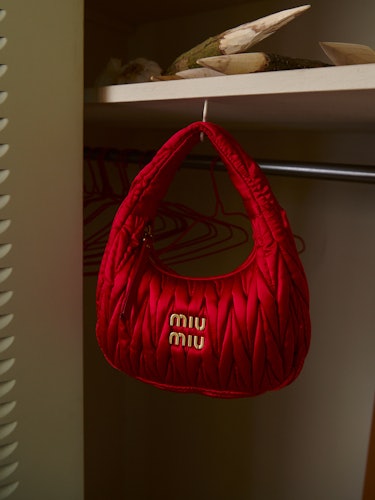 Red bag in a closet.