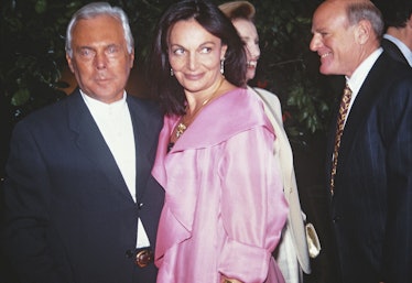 Diane von Furstenberg with Giorgio Armani in Italy.