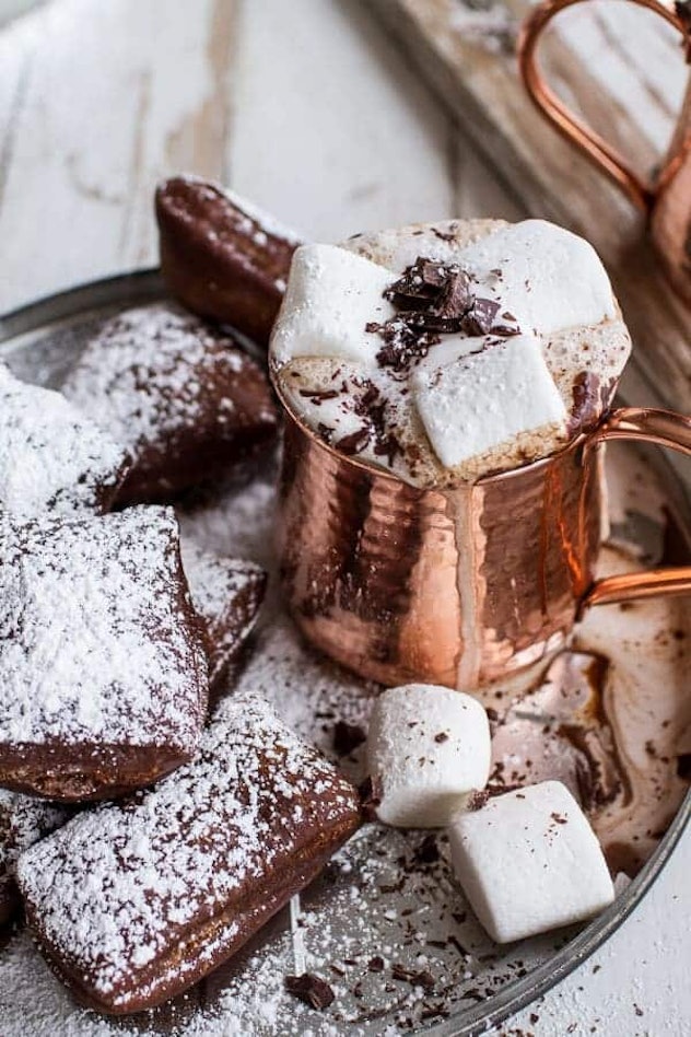 gingerbread surprise beignets with spiced mocha hot chocolate