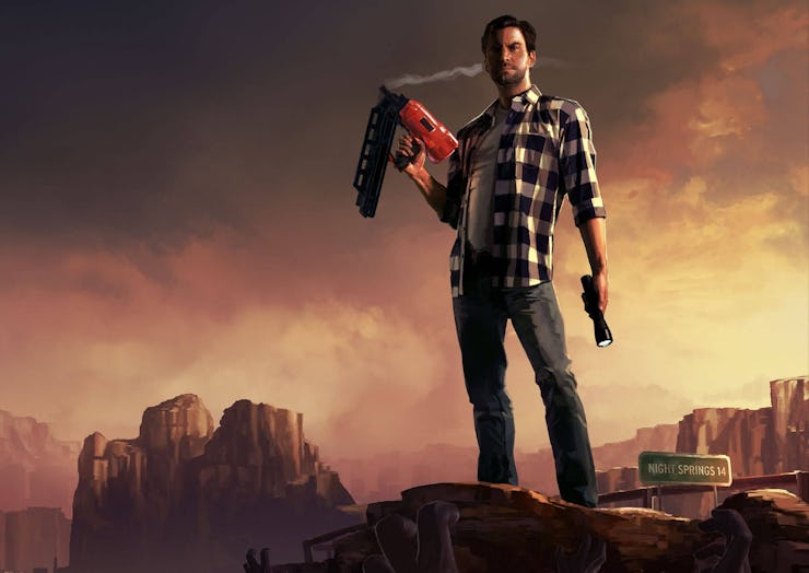 Alan Wake holding a torch and gun in Alan Wake’s American Nightmare.