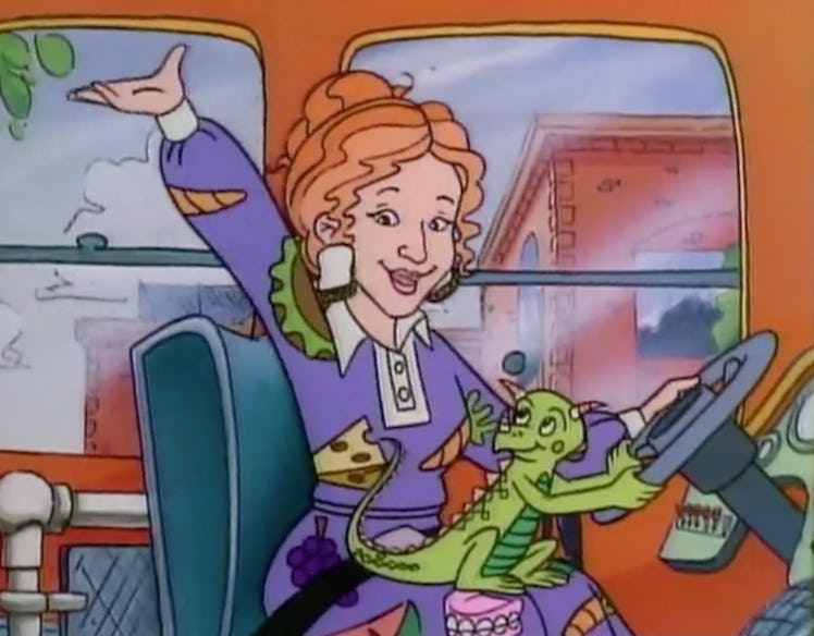Miss Frizzle from "The Magic School Bus" is a curly hair halloween costume idea.