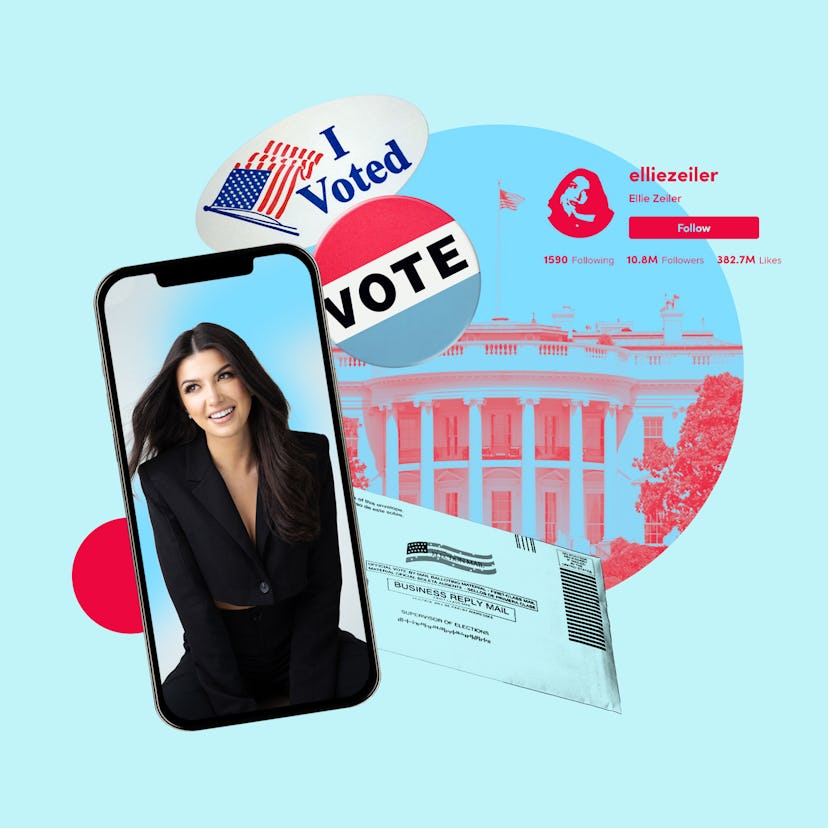 TikToker Ellie Zeiler pictured in a phone screen, with the whitehouse behind her and an I voted stic...