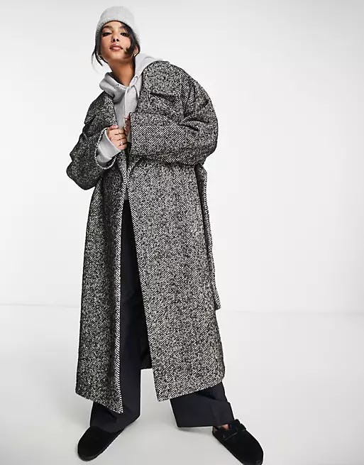 Asos Design Herringbone Belted Coat