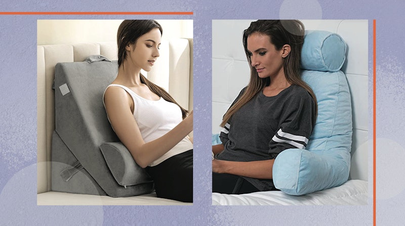 A side-by-side image featuring photos of two women sitting against some of the best pillows for sitt...