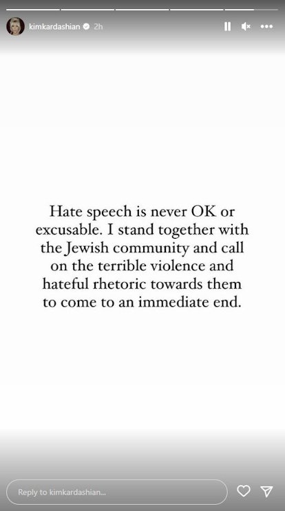 Kim Kardashian condemning hate speech and anti-Semitism and expressing solidarity with the Jewish co...
