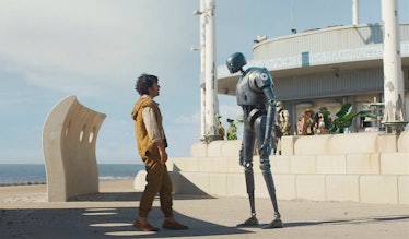 Cassian Andor confronted by an Imperial Security Droid