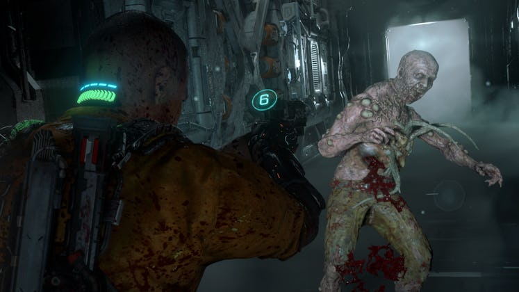 The player aims at a shambling humanoid enemy.