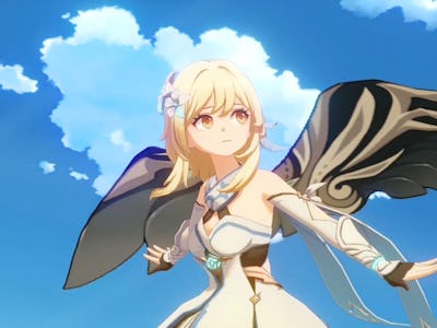 Genshin Impact Traveler s kluzáky křídla na obloze