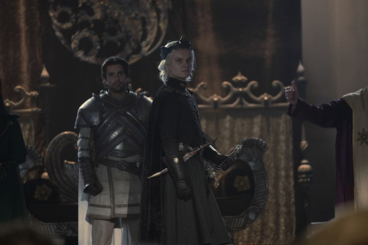 Fabien Frankel as Ser Criston Cole and Tom Glynn-Carney as Aegon II Targaryen in House of the Dragon...
