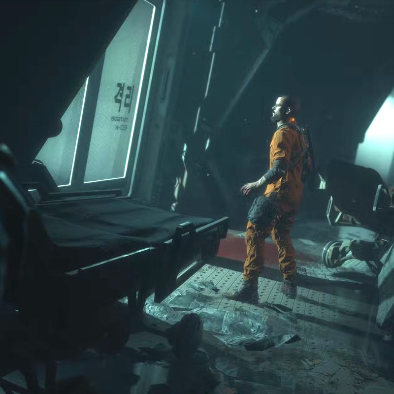 A character in Callisto Protocol looking out a window in an orange jumpsuit