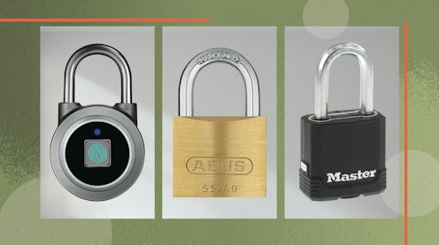 The best locks for gym lockers (like the three locks pictured in this image atop a green background)...