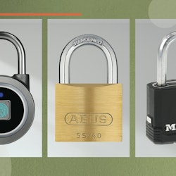 The best locks for gym lockers (like the three locks pictured in this image atop a green background)...