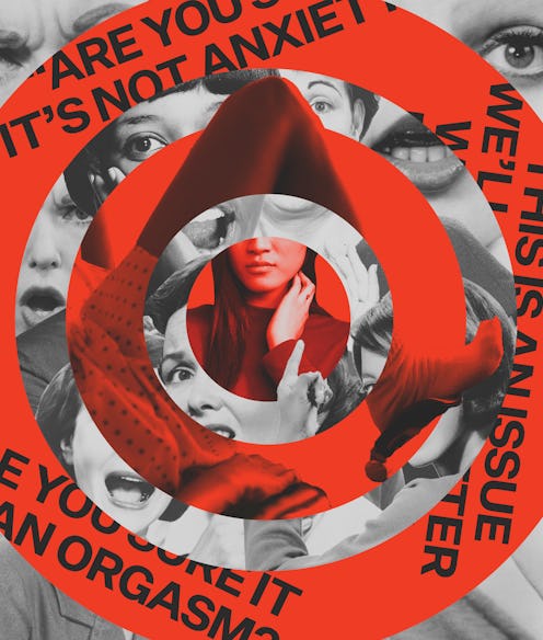 A collage of black-and-white photographs of different women and red-tinted concentric circles filled...