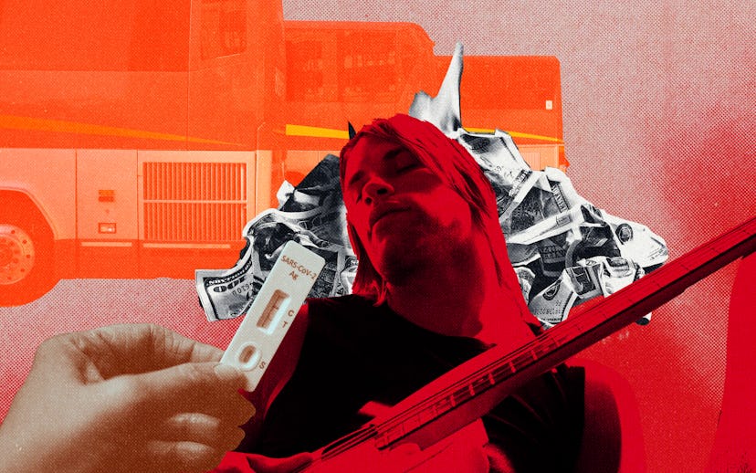 A dominantly red colored collage including a guitarist, a hand showing positive covid test, pile of ...
