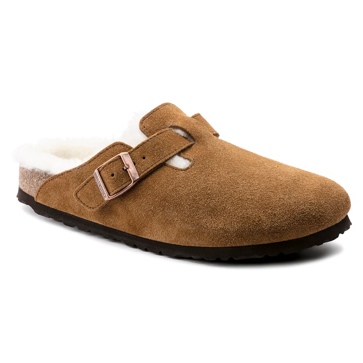 Birkenstock brown suede shearling Boston clogs