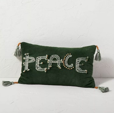 Peace Beaded and Embroidered Velvet Lumbar Throw Pillow Green 