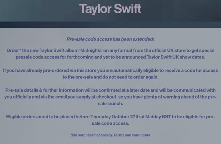 Pre-sale album details on Taylor Swift's UK store that mention unannounced upcoming UK tour dates.