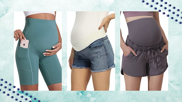Maternity shorts for lounging, working out, and everything in between in green, denim and brown