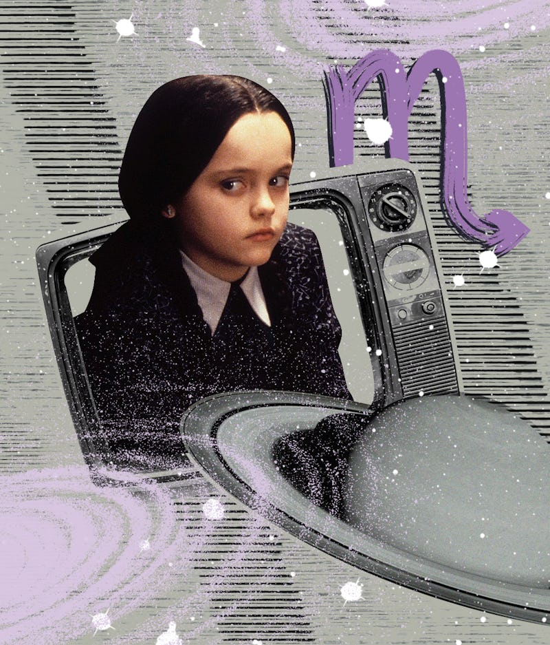 Wednesday Addams coming out of an old TV, surrounded by planets and the Scorpio zodiac sign