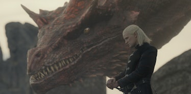 Daemon Targaryen (Matt Smith) stands next to his dragon, Caraxes, in House of the Dragon Episode 10