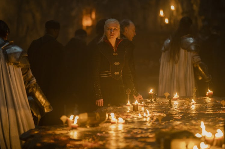 Rhaenyra Targaryen (Emma D’Arcy) stands next to the Painted Table in House of the Dragon Episode 10.