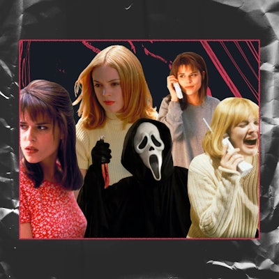 Collage of scream characters and their memorable scenes.