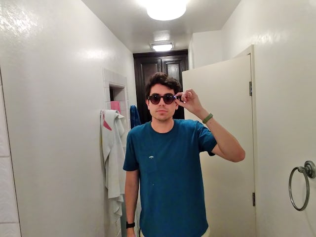 A photo of a person in a mirror taken with the Ray-Ban Stories.