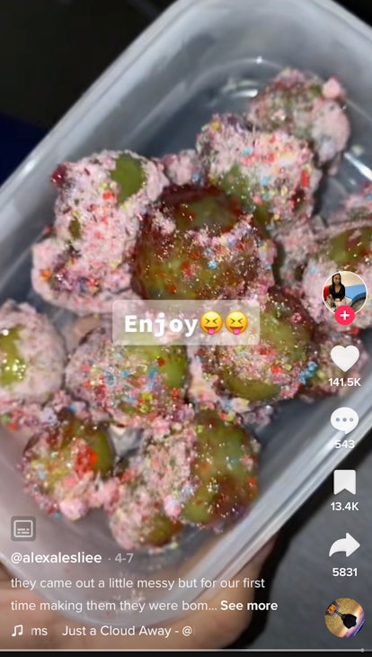 A TikToker shows how to make candy grapes from TikTok for a sweet treat. 