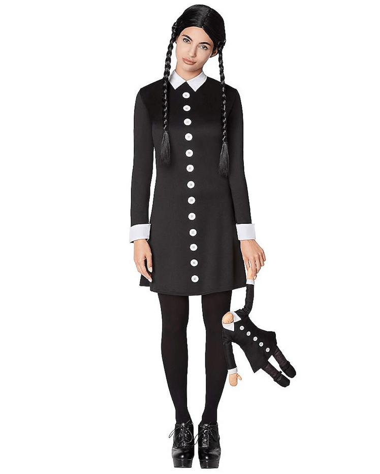 All-black Halloween costumes include this Wednesday Addams costume from Spirit Halloween