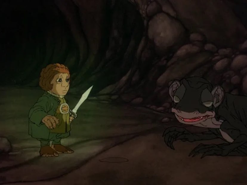 Bilbo (Orson Bean) and Gollum (Theodore Isidore Gottlieb) in 'The Hobbit.'