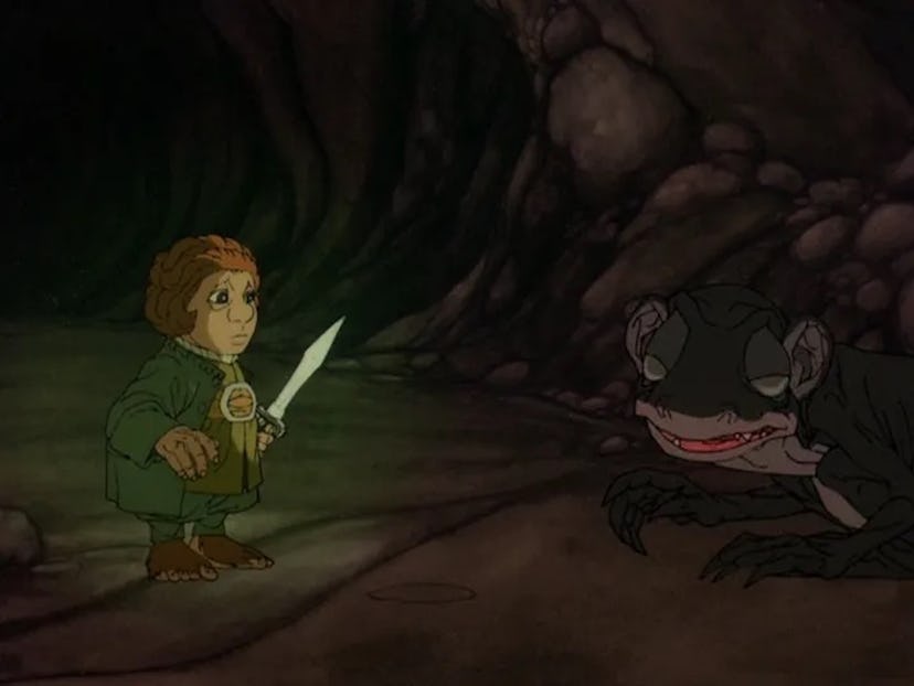 Bilbo (Orson Bean) and Gollum (Theodore Isidore Gottlieb) in 'The Hobbit.'