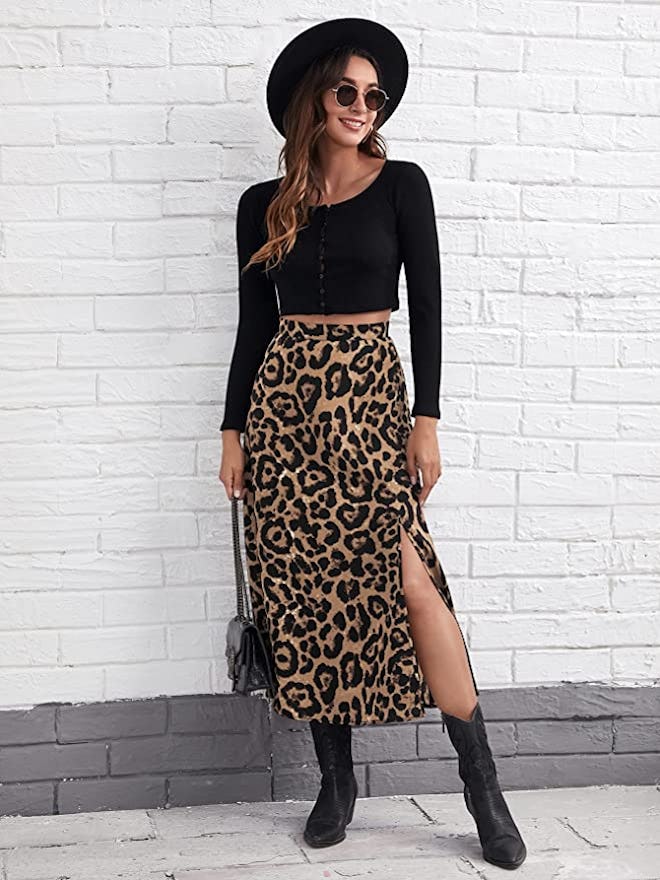 Floerns High Waist Split A-Line Midi Skirt