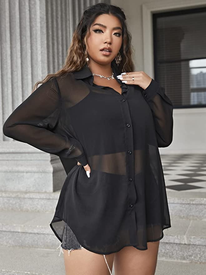 Romwe Sheer Mesh Button-Down Shirt