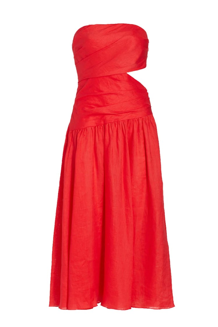 Lyre Linen Strapless Cut-Out Midi Dress