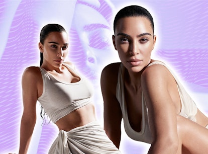 A collage of images of Kim Kardashian from Kim Kardashian's SKKN BY KIM launch campaign.