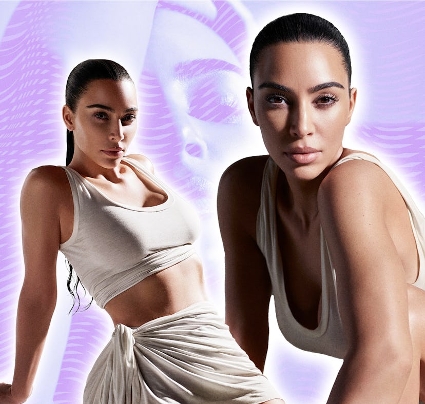 A collage of images of Kim Kardashian from Kim Kardashian's SKKN BY KIM launch campaign.