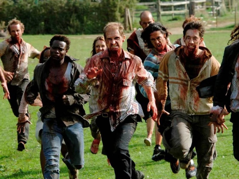Scene of zombies covered in blood hunting their prey in 28 Days Later