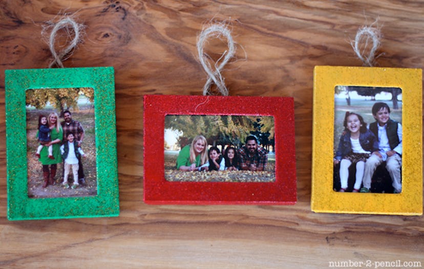 These painted picture frames in green, red, and gold, are a fun DIY ornament for kids to make.