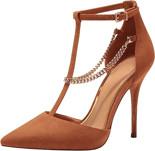 a pair of t-strap nude heels with a removable chain detail