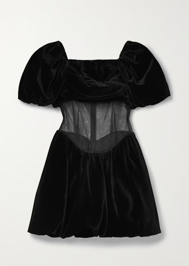 Tulle-Trimmed Draped Cotton-Velvet Mini Dress
