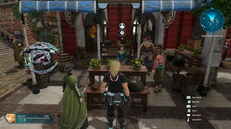 Characters at a shop in Acendros picking up Mithril in Star Ocean: The Divine Force