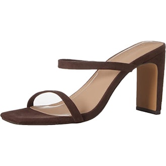 a pair of square-toe nude heel sandals