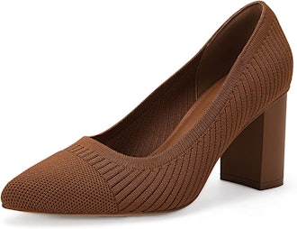 a pair of pointed-toe nude heels in a textured knit material