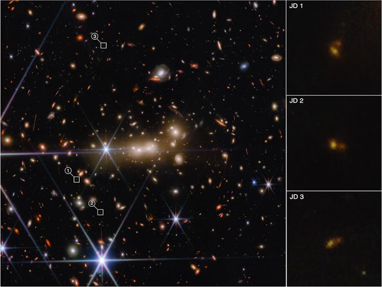 A field of galaxies, with insets showing a single pair at 3 different angles and magnification level...