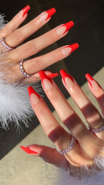 Red tip nails coffin shaped
