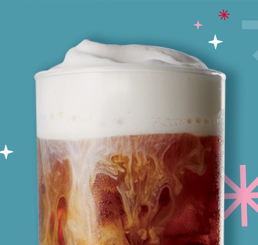 Caribou Coffee looking delicious on a blue background.