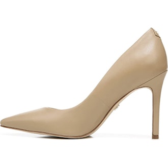 a pair of classic closed-toe nude heels
